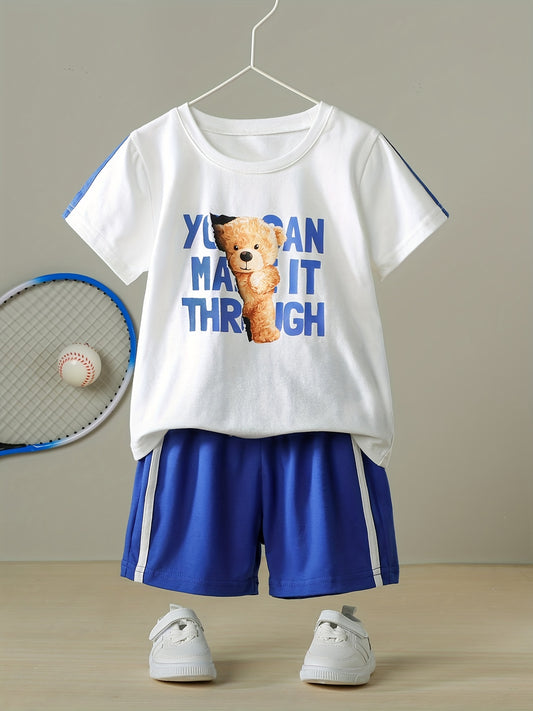 Boys Letter & Bear Casual Outfit Round Neck T shirt & Shorts