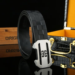 Men's Cowhide Belt Checkerboard Pattern 3.25in Width Stainless Steel Buckle