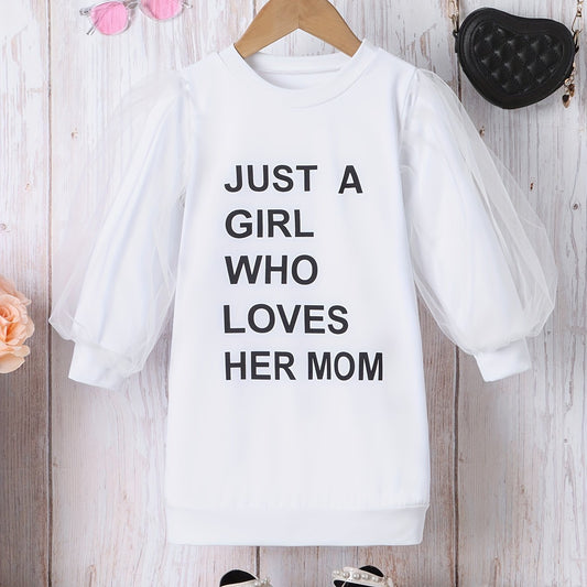 Girls' Letter Print Mesh Long Sleeve Dress - Party Holiday Outing