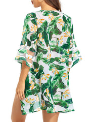 Floral Leaf Print Mesh Cardigan Cover Up Chiffon 3/4 Sleeve Beach Coverup