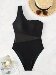 Mesh Contrast One Shoulder One Piece Swimsuit Women's Swimwear