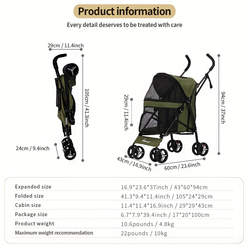 Pet Stroller - Lightweight & Foldable - Ideal for Small Dogs and Cats