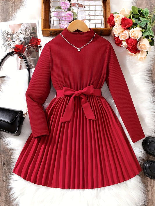 Girls Mock Neck Belted Long Sleeve Knit Top Pleated Dress