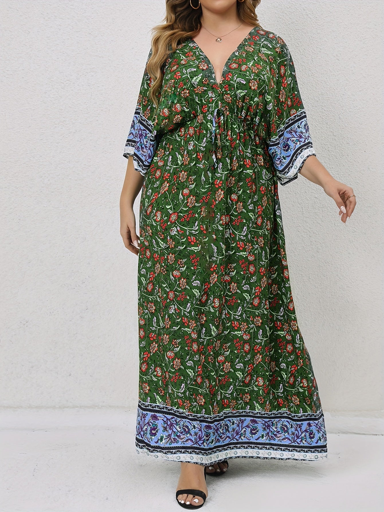  Boho Dress Floral Print V Neck Knot