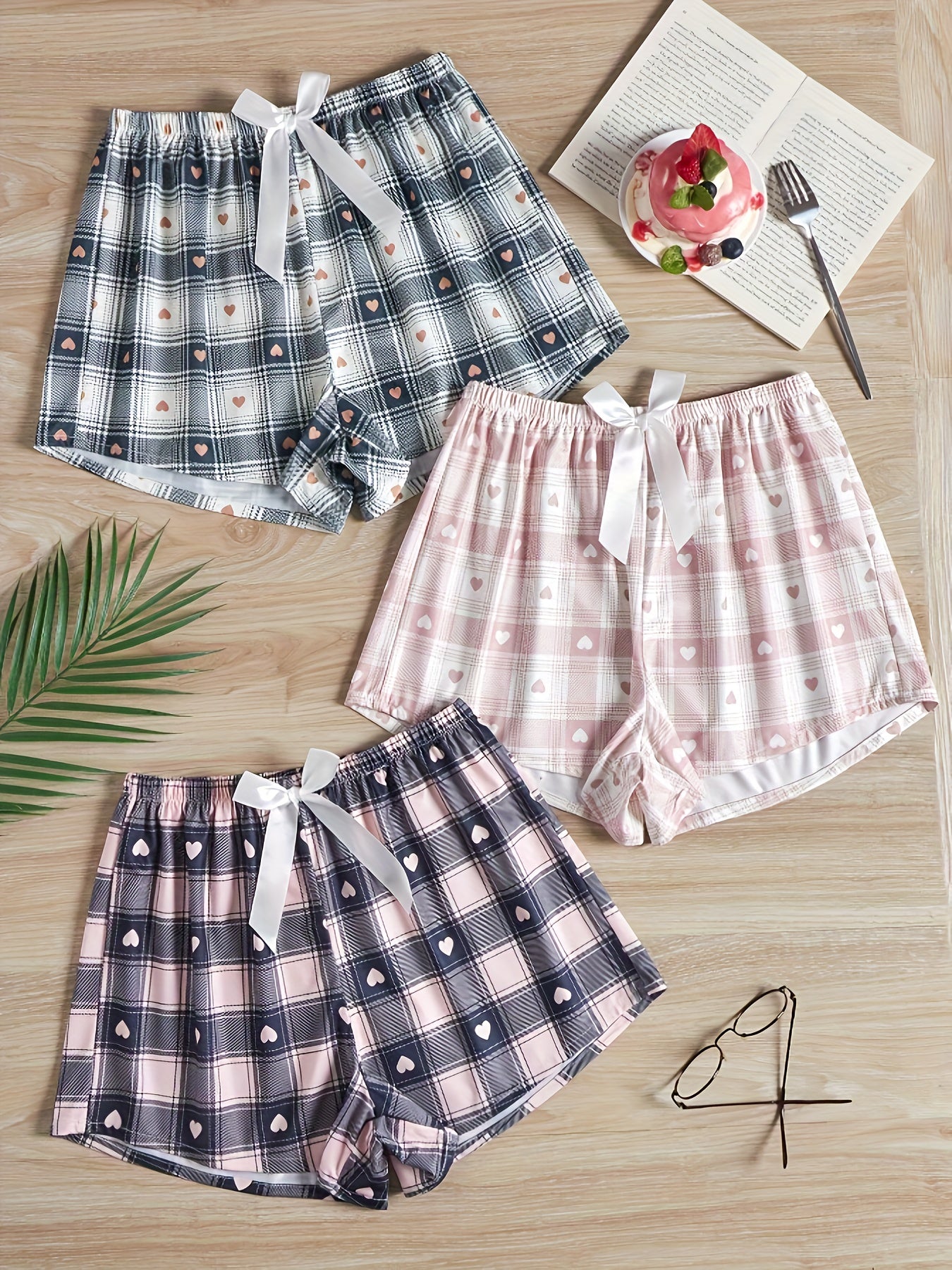 3 Pack Plus Size Preppy Lounge Bottoms Set Women's Plus Plaid & Heart Print Bow