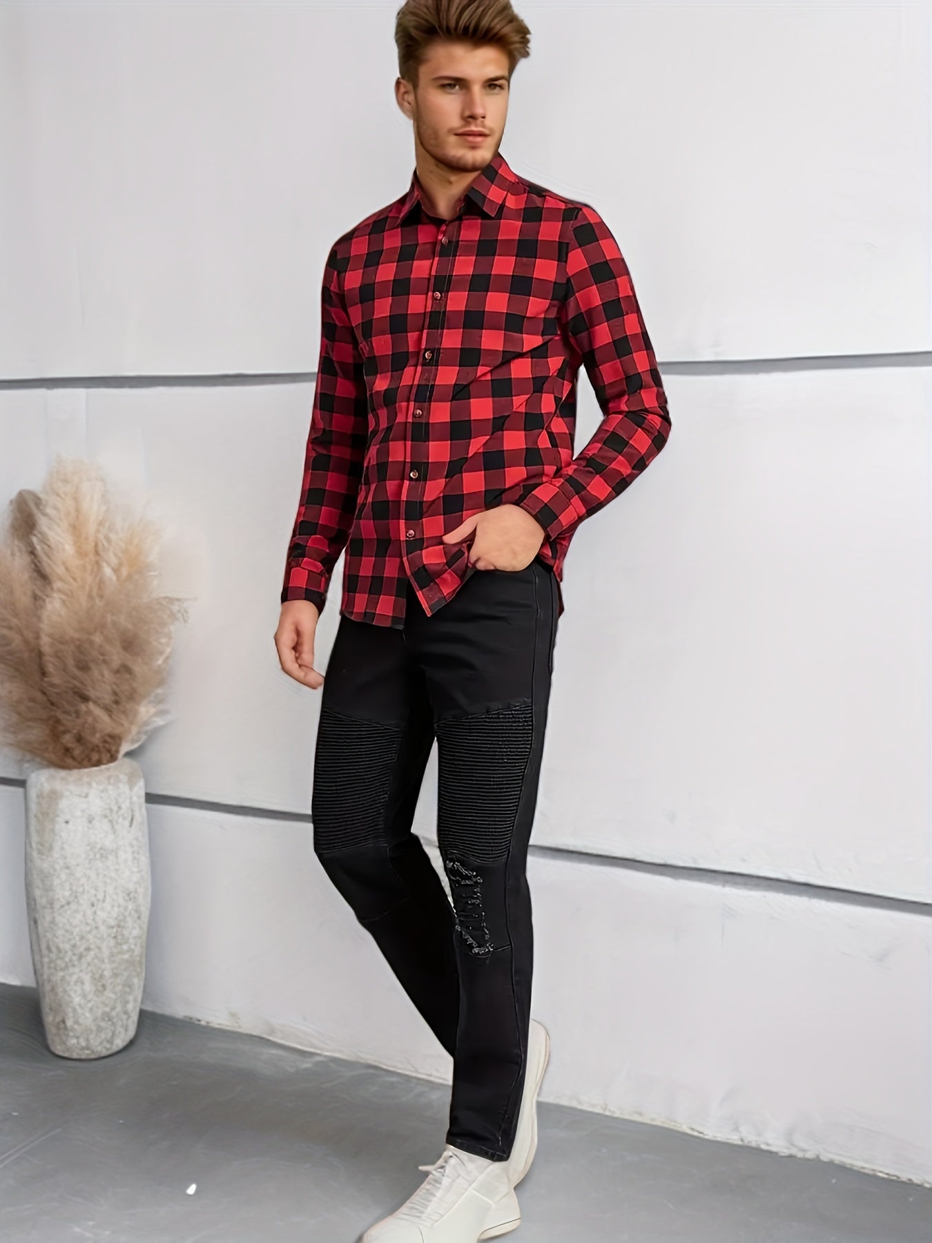 Men's Plaid Shirt Long Sleeve Casual Button Down Tops For Outdoor Activities