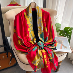 Red Flower Print Long Scarf Silk Shawl Vintage Satin