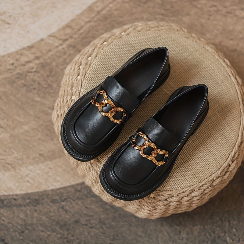 Women's Chain Decor Chunky Heel Loafers British Style Work Shoes