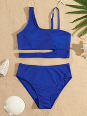 Solid Cut Out Bikini Sets High Cut Two Pieces Swimsuit Women's Swimwear