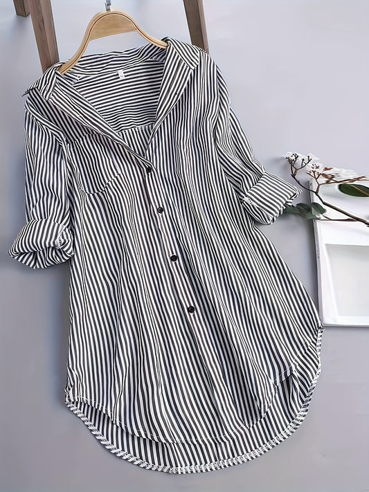  Nautical Stripe Print Button Up Long Sleeve Blouse