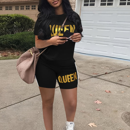 Letter Print Two piece Set Short Sleeve T shirt & High Waist Shorts