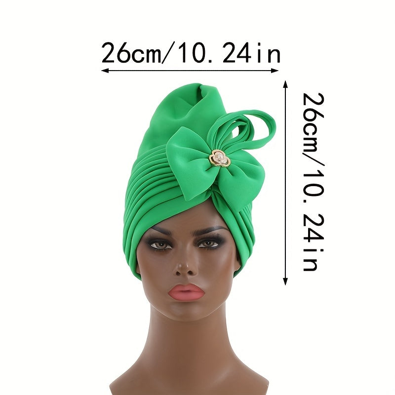 Green Layer Pleated Turban Cap Bow Decor Hijab Hat Casual Head Wrap