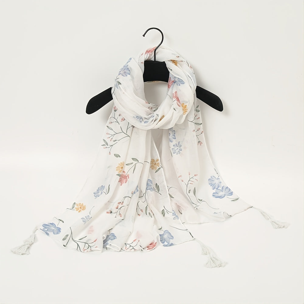 Floral Print Scarf Tassel Linen Shawl Lightweight Sunshade Shawls