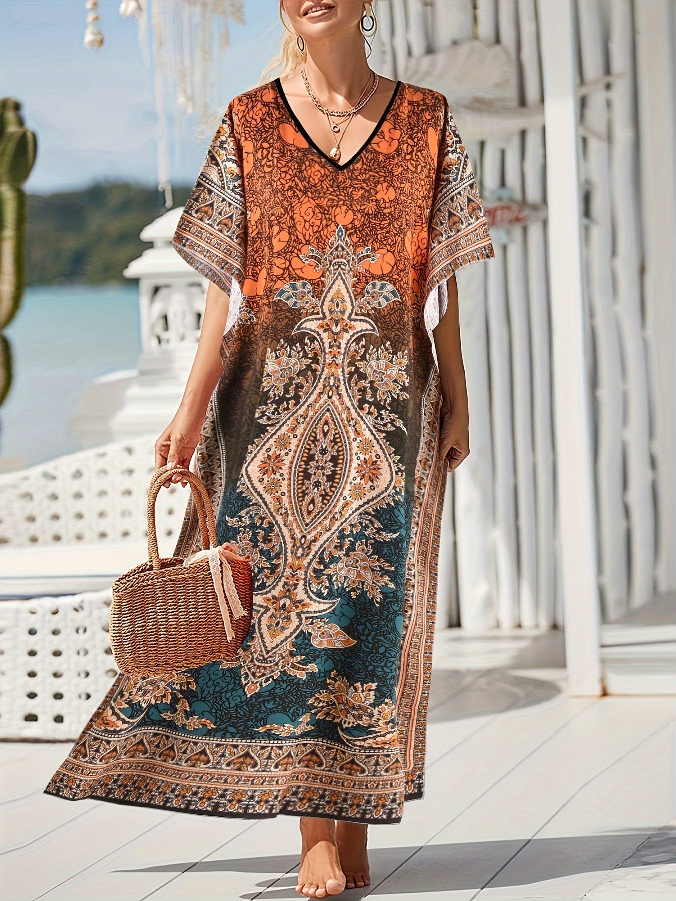  Boho Kaftan Dress Women's Plus Colorblock Floral Print Maxi