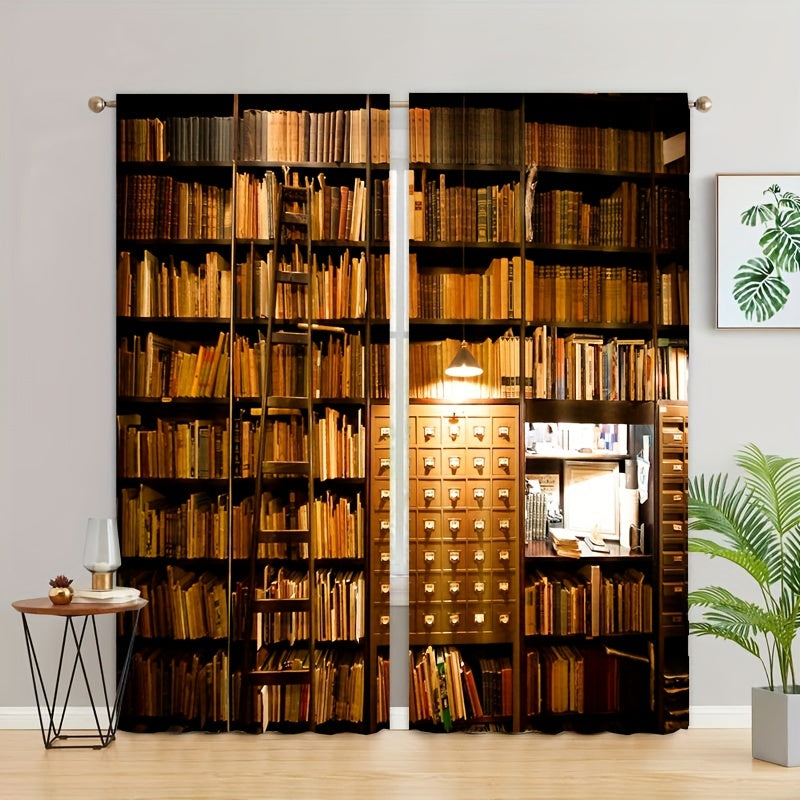 2pcs Bookshelf Print Curtains for Study Room Rod Pocket Window Drapes