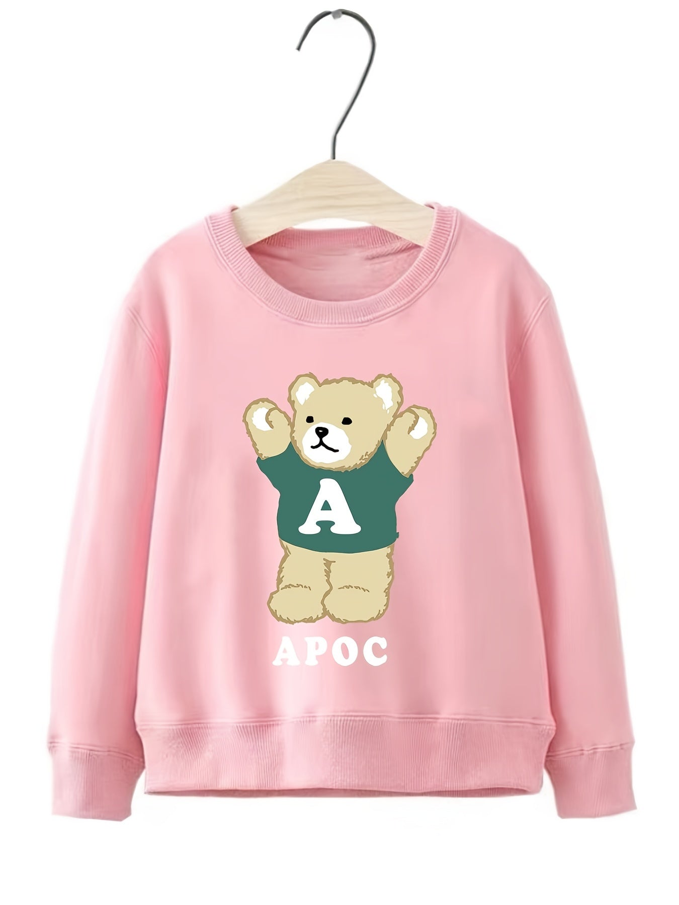 Bear Pattern Round Neck Sweatshirt For Girls Long Sleeve Top Pullovers