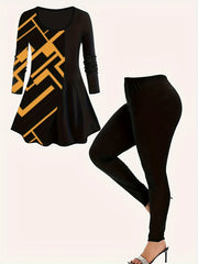  Geo Print Peplum Top & Leggings Set