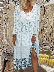  Colorblock Floral Print Maxi Dress Long Sleeve