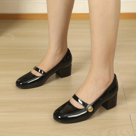 Women's Chunky Heel Mary Jane Retro Slip On Patent Leather Mid Heels