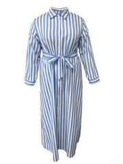  Women's Striped 3/4 Sleeve Button Up Maxi Shirt Dress