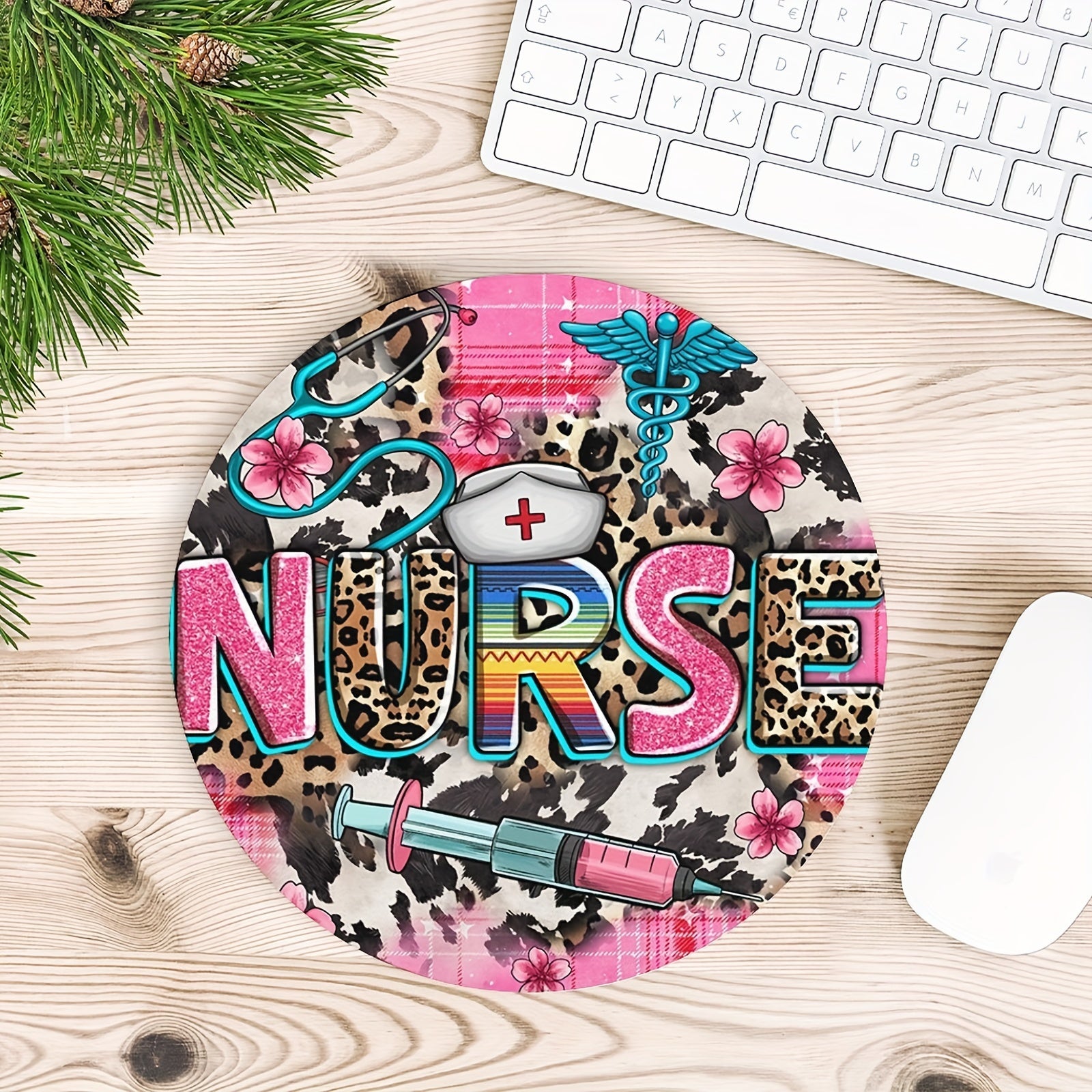 Pink Nurse Life Round Mouse Pad Non Slip Rubber Base 7.87in