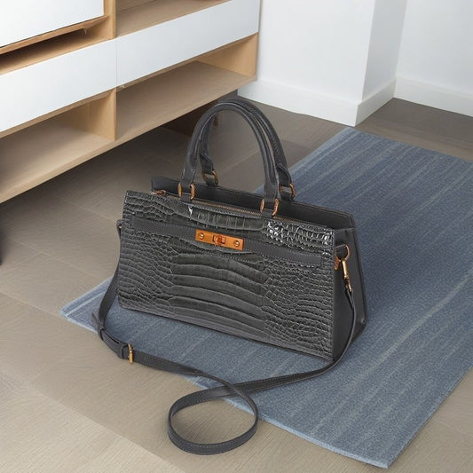 Gray Textured Tote Bag Convertible Shoulder Crossbody Zip Closure