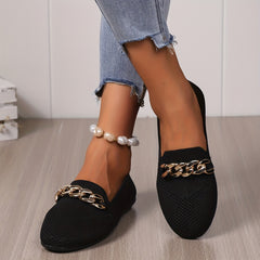 Women's Knitted Flat Loafers with Chain Decor Soft Sole Slip On Shoes
