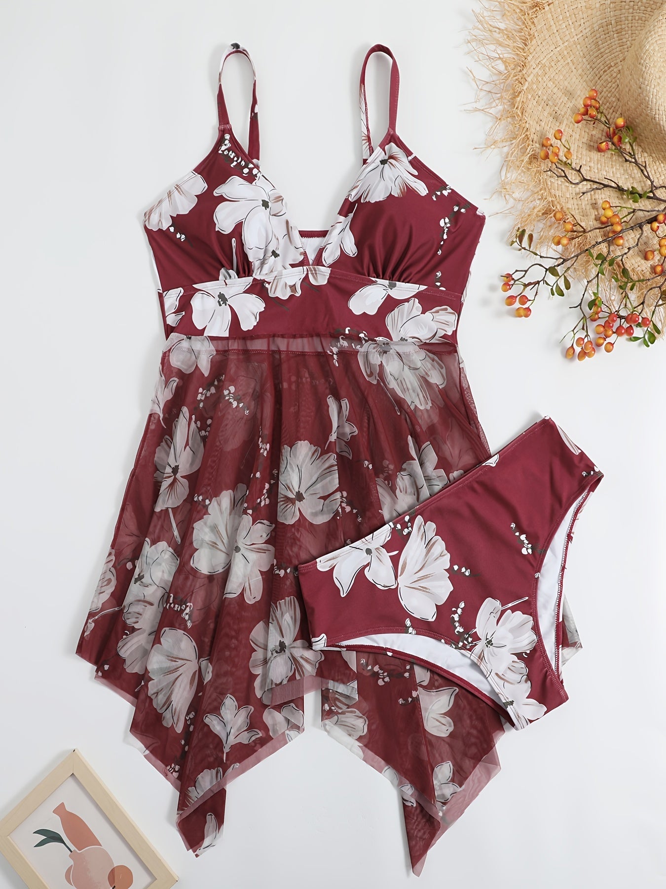 Floral Print Mesh Bikini Set Women's Plus High Stretch Swimsuit