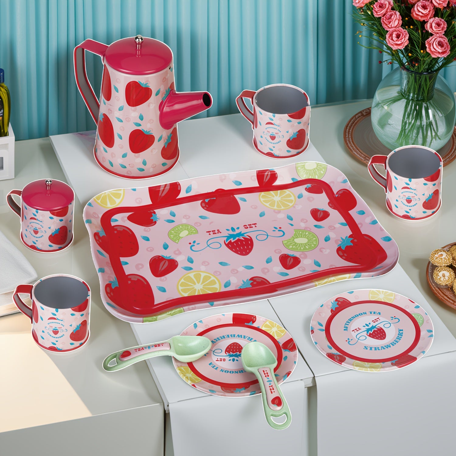 Strawberry Tea Set for Girls Pretend Play Tin Teapot Set
