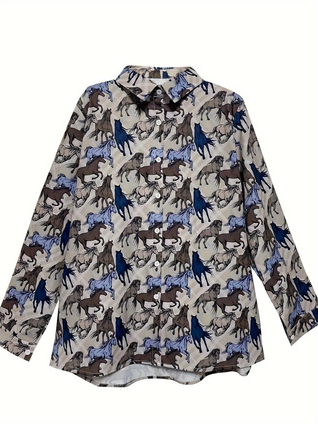  Horse Print Long Sleeve Casual Blouse