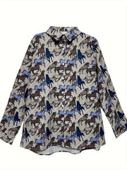  Horse Print Long Sleeve Casual Blouse