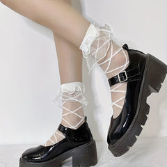 Cross Pattern Mesh Socks Ruffle Sheer Stockings