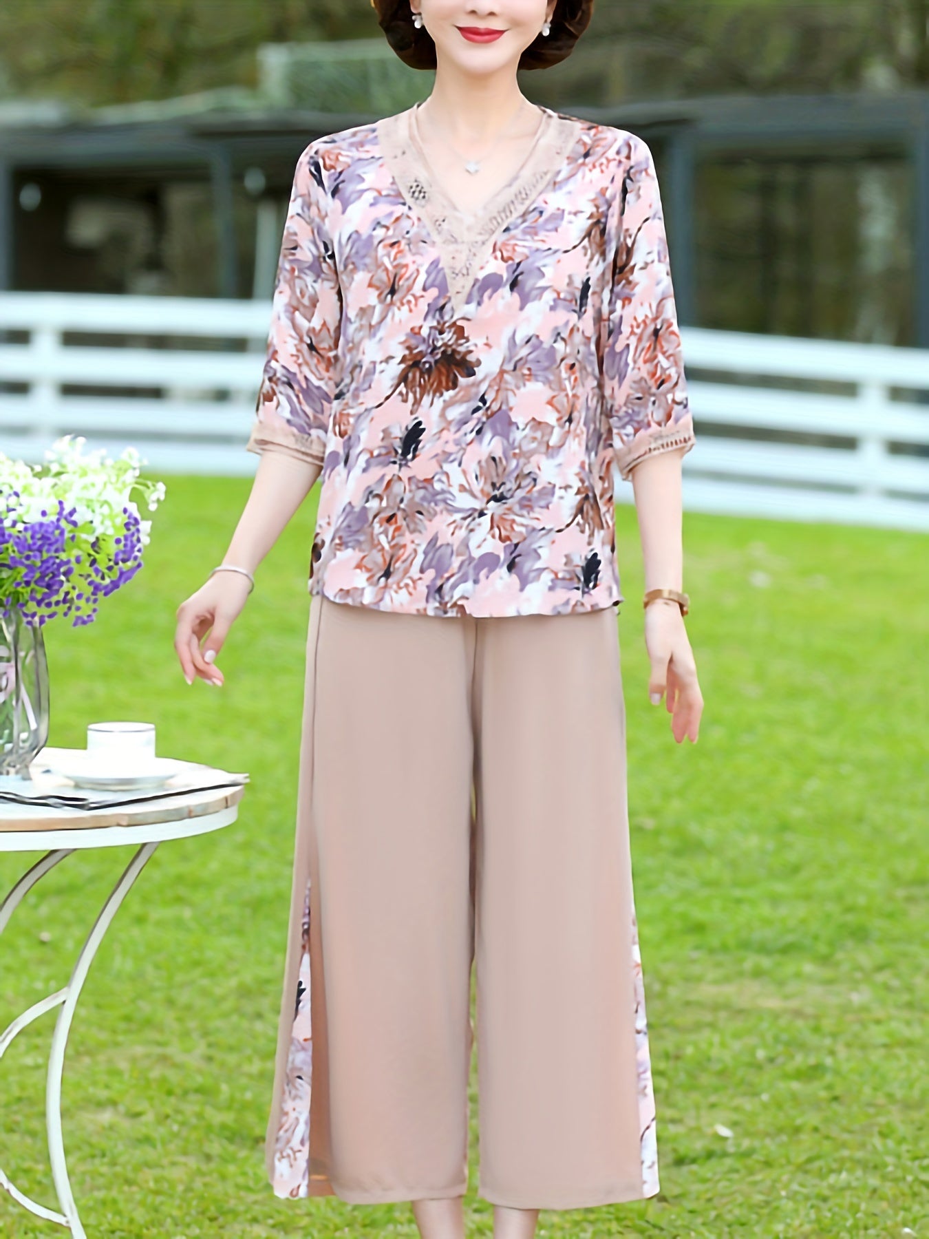 Floral Print Two piece Set Lace V neck Blouse & Wide leg Pants Outfit