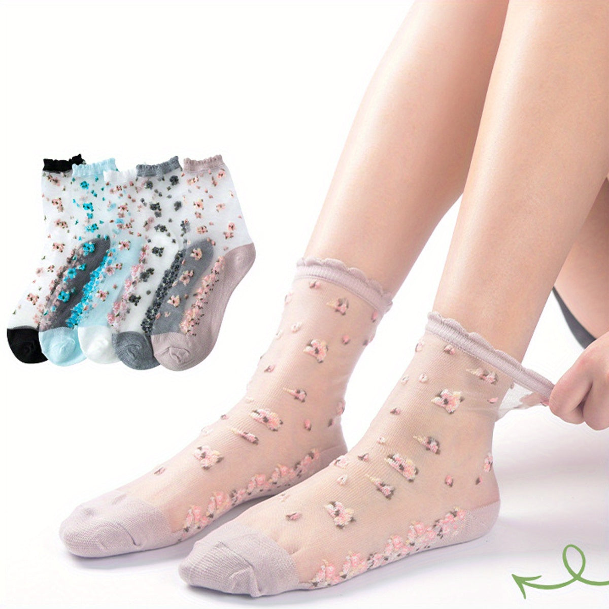 5 Pairs Lace Crew Socks & Comfortable Mesh Stockings Women's Socks