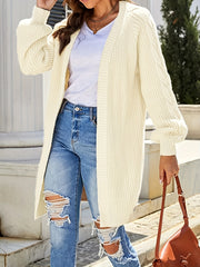  Casual Cardigan Solid Cable Lantern Sleeve Long Cardigan