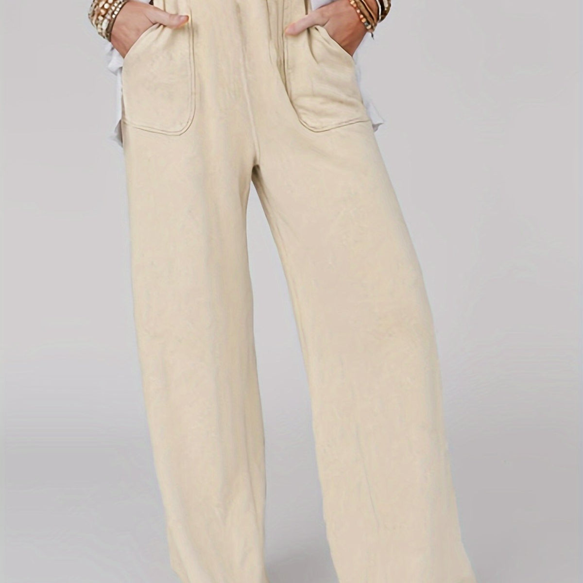  Solid Loose Trousers With Pockets