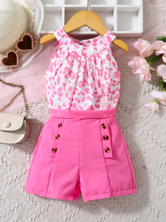 2pc Toddler Girls Leopard Halter Top & Shorts Set Kids Summer Clothes