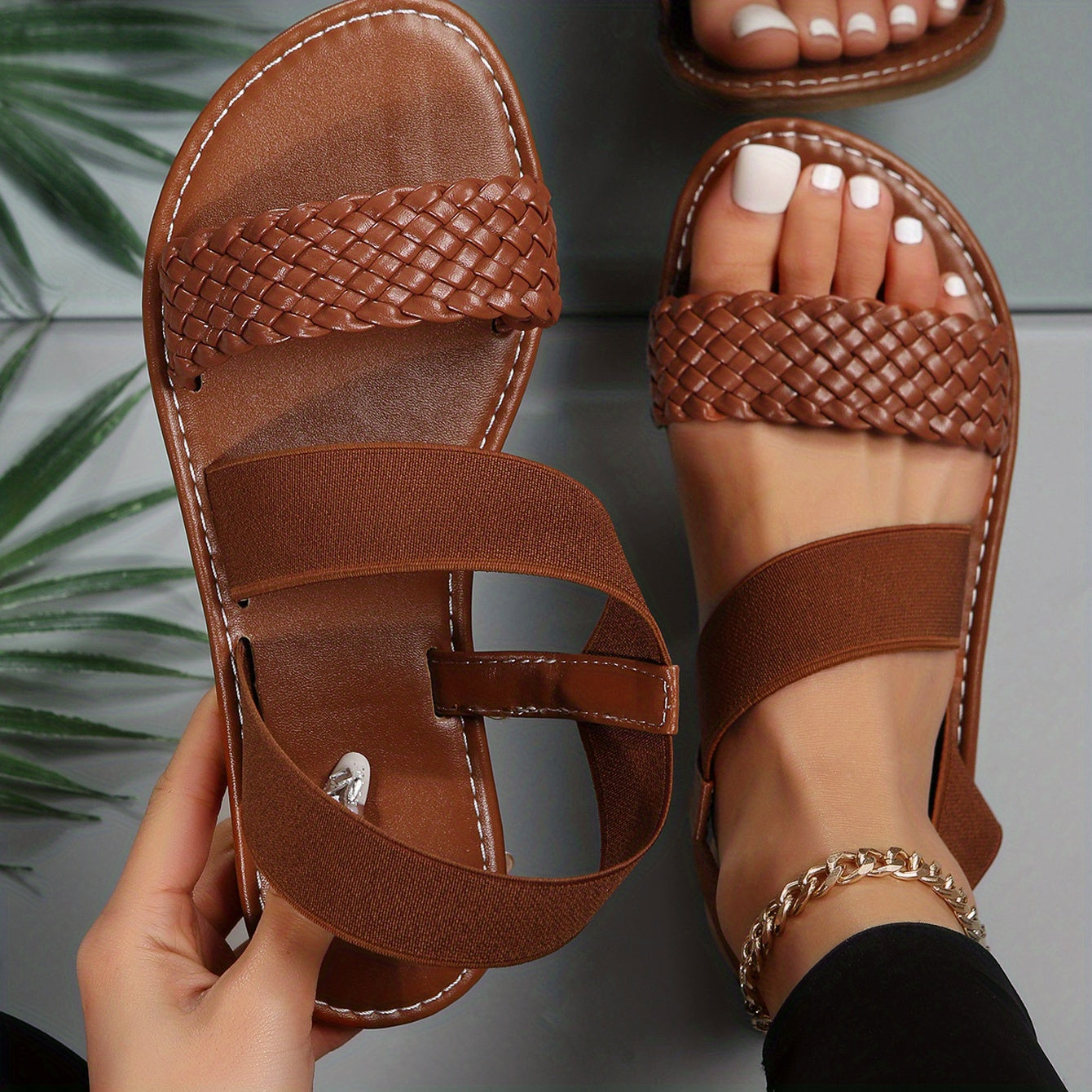 Women's Braided Strap Flat Sandals Open Toe Elastic Slip On Shoes