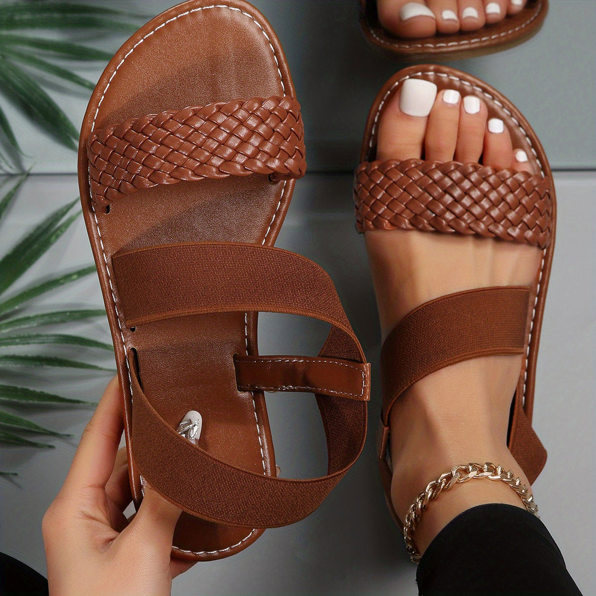 Women's Braided Strap Flat Sandals Open Toe Elastic Slip On Shoes