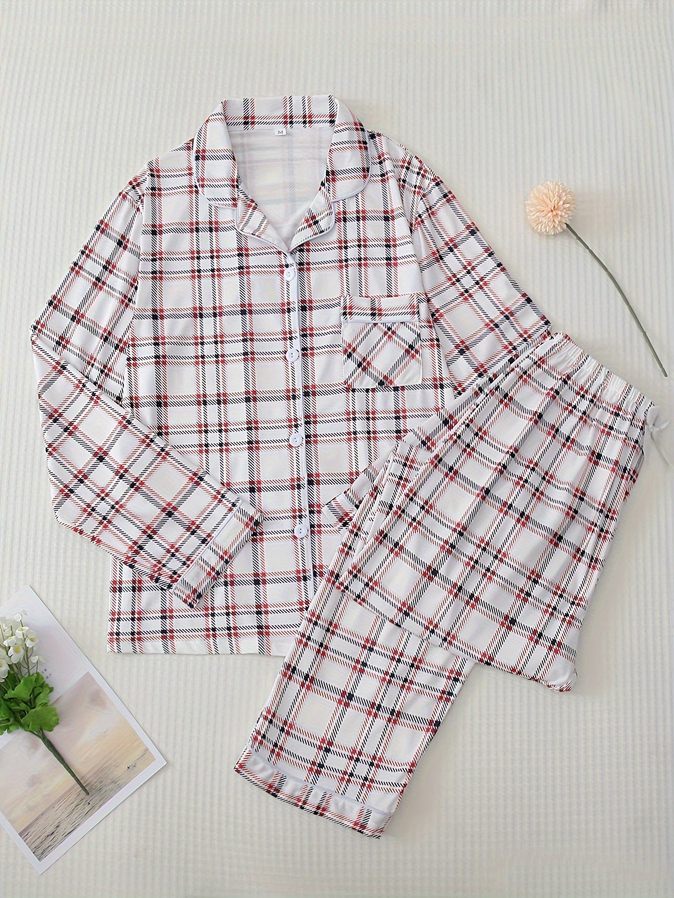 Plaid Pajama Set Long Sleeve Top & Pants