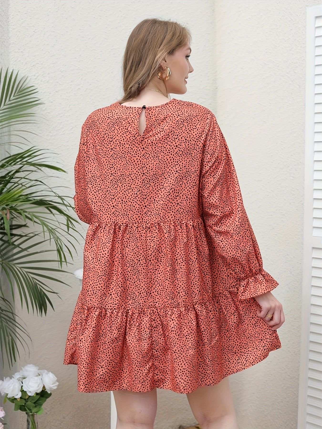 Leopard Print Flounce Sleeve Round Neck Smock Mini Dress
