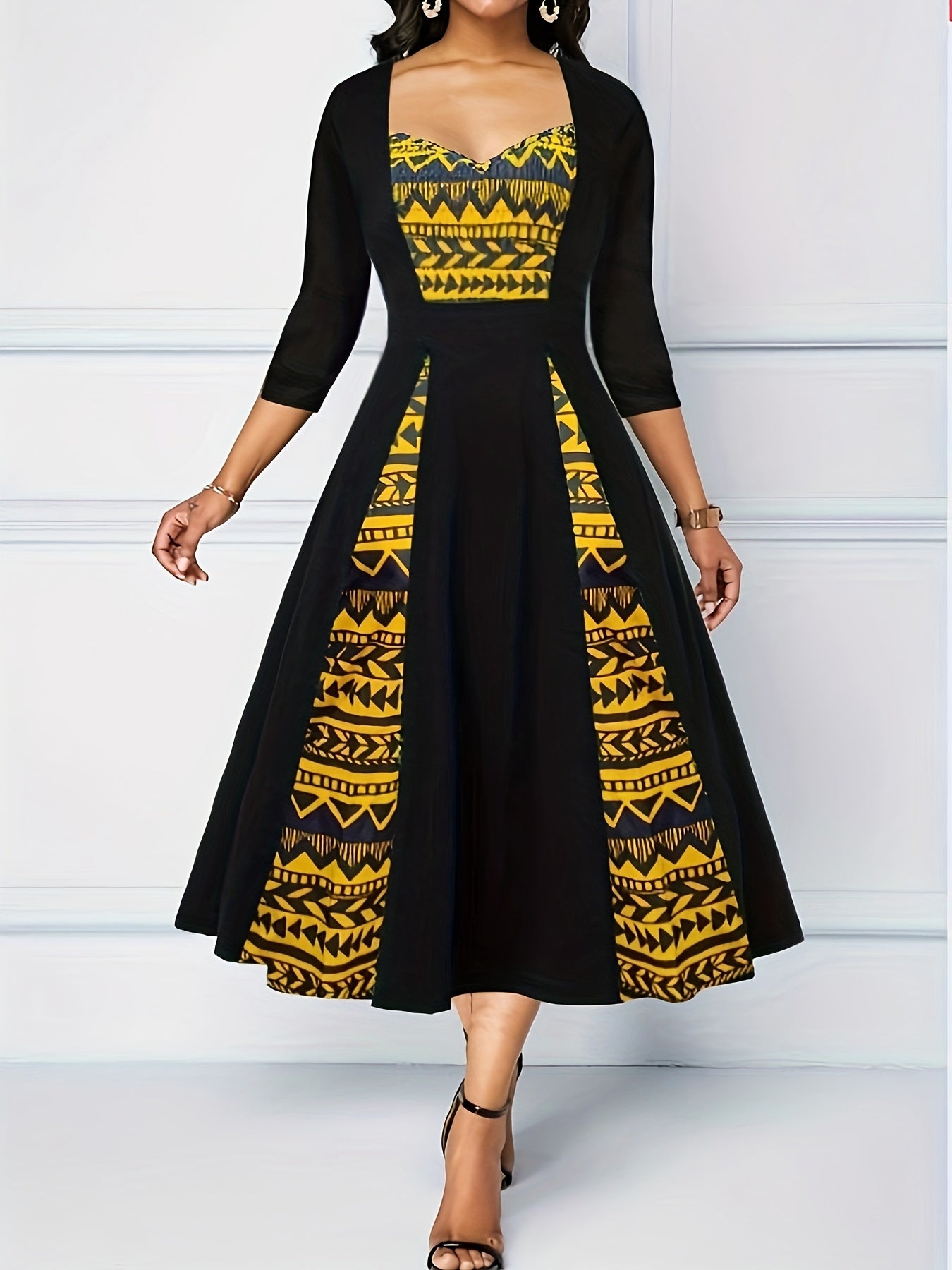  Colorblock Geometric Print A line Maxi Dress