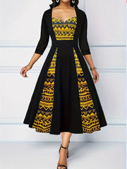  Colorblock Geometric Print A line Maxi Dress