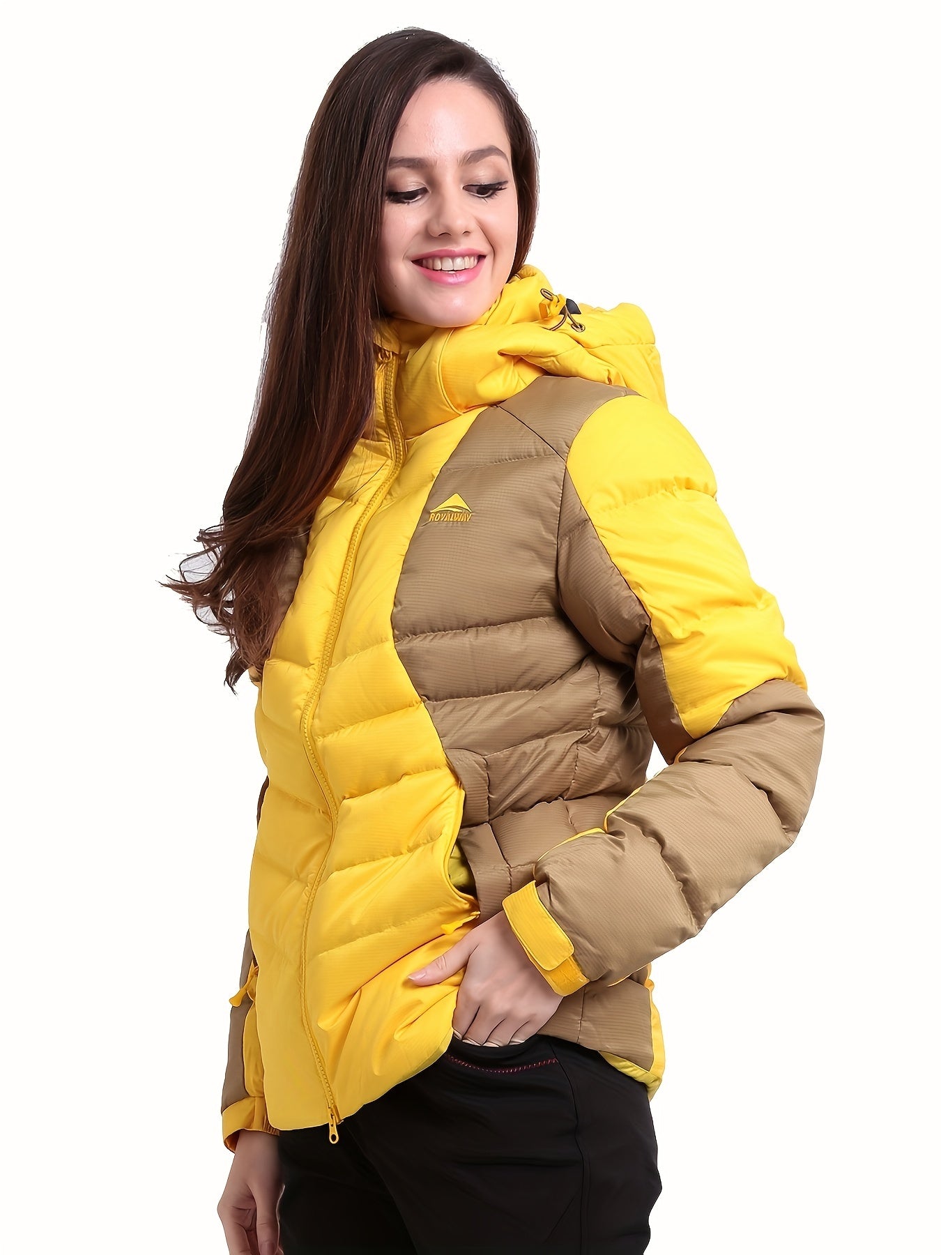 Women Long Down Jacket Two Tone Winter Puffy Coat Hoodie