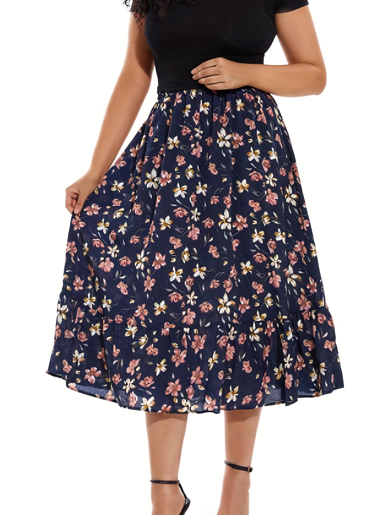 Boho Maxi Skirt Plus Ditsy Floral Print High Rise Pleated Maxi Skirt