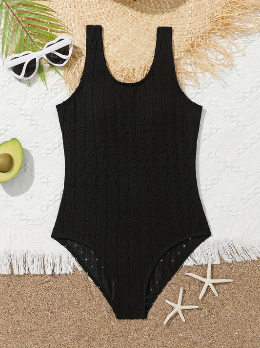 Girls One Piece Swimsuit Sleeveless Solid Textured Beach Vacation