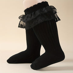 3 Pairs Girls Kids Lace Trim Crew Socks Lightweight & Comfy Children s Stockings