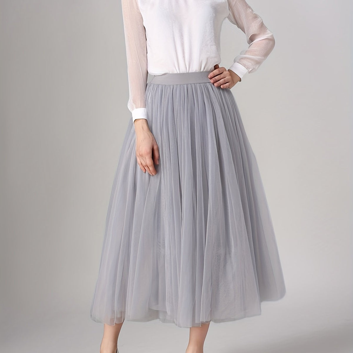 High Waist Mesh A-line Skirt Solid Casual