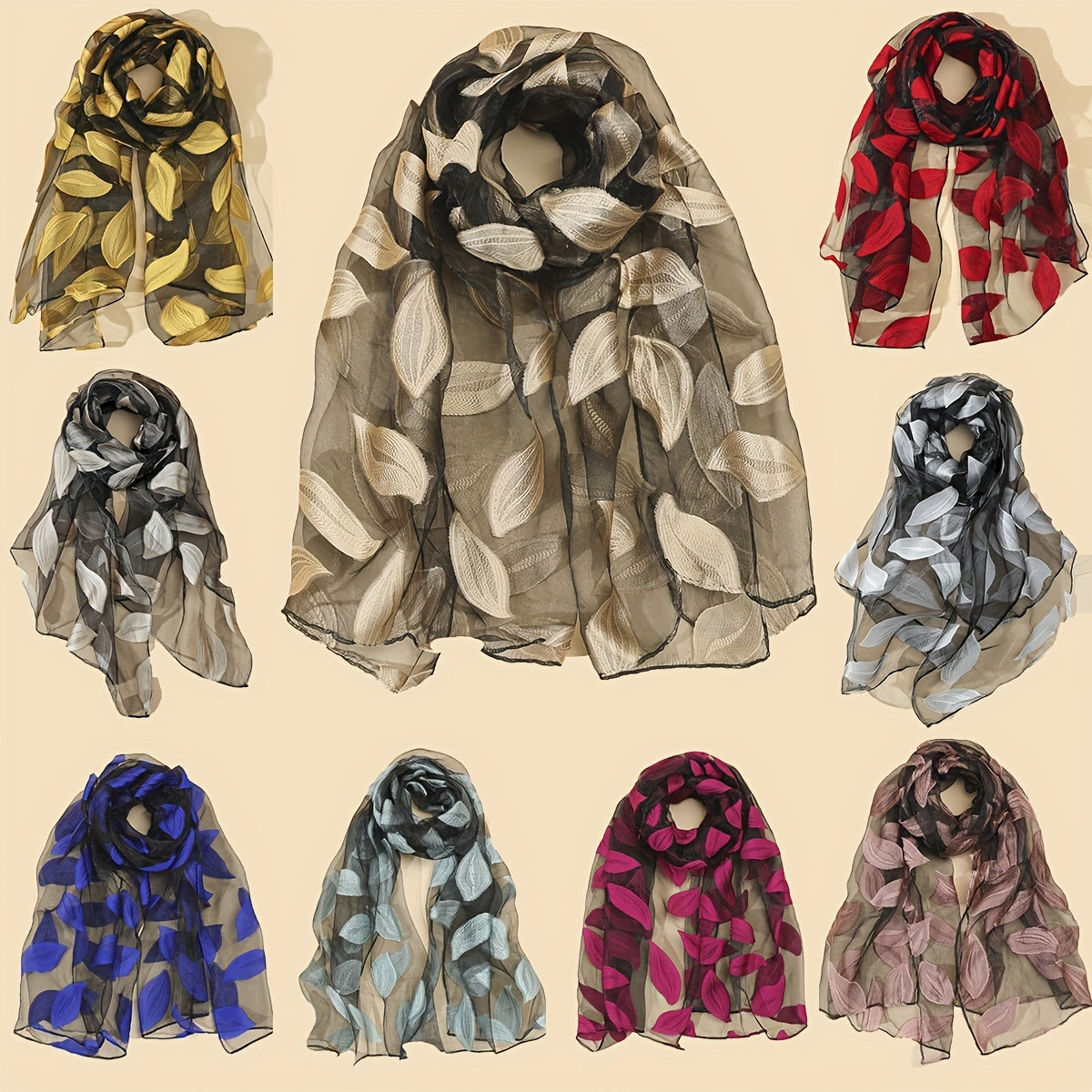 Silk Organza Scarf Leaf Embroidery Windproof Travel Head Wrap