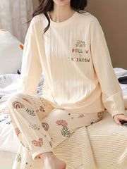 Rainbow Print Pajama Set Long Sleeve Top & Pants Women's Sleepwear